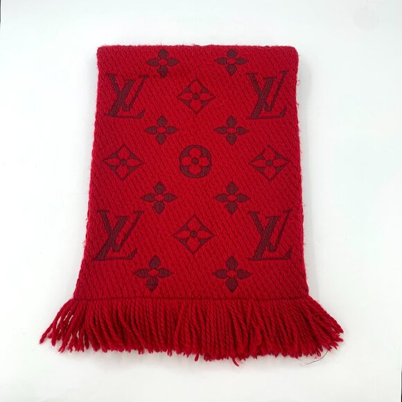 H15214 Louis Vuitton red logo monogram full print wool tassel scarf 154*29cm - Picture 1 of 8
